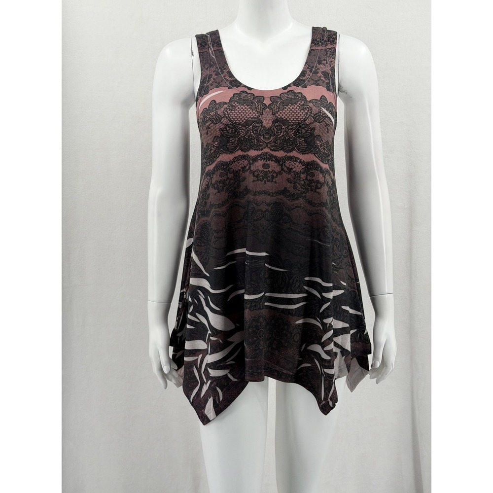 Charlotte Russe Top Womens Large Black Pink Lace Print Boho Hanky Hem Y2K Grunge
